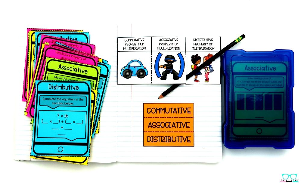 Properties of multiplication task cards and interactive notebook for third-grade math.