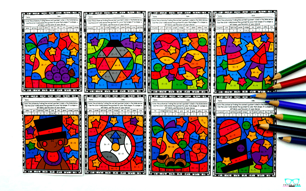 Division color by number worksheets for New Year's