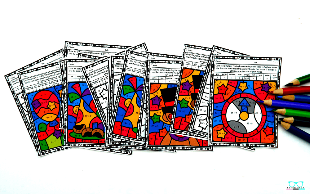 Division color by number worksheets for New Year's