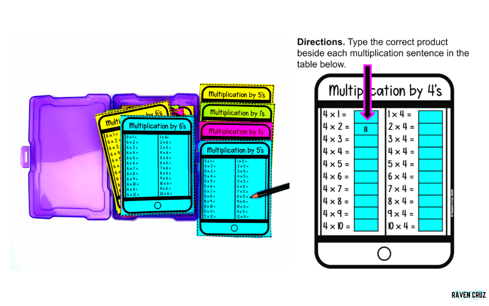 Digital and printable multiplication facts task cards