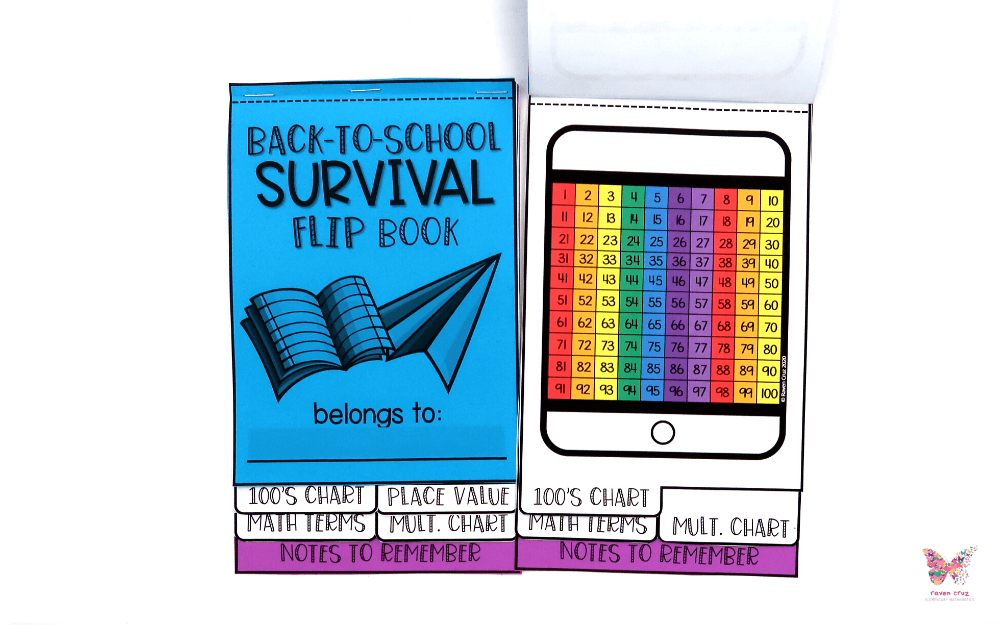 Back-to-school math survival flip book with 100's chart.