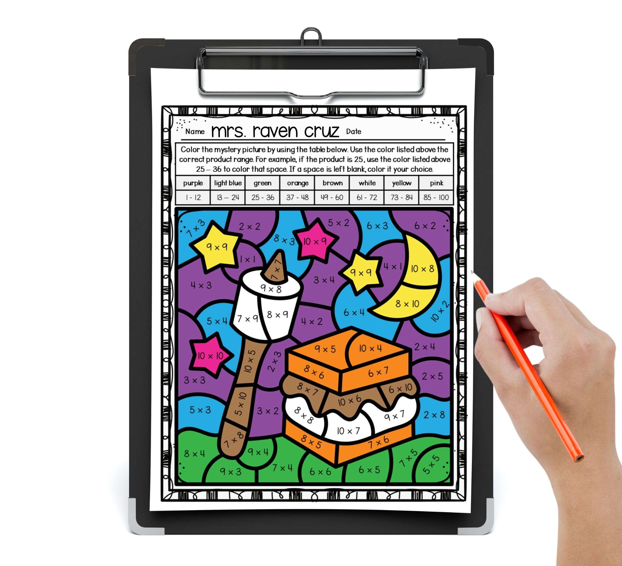 roasting marshmallows multiplication color by number