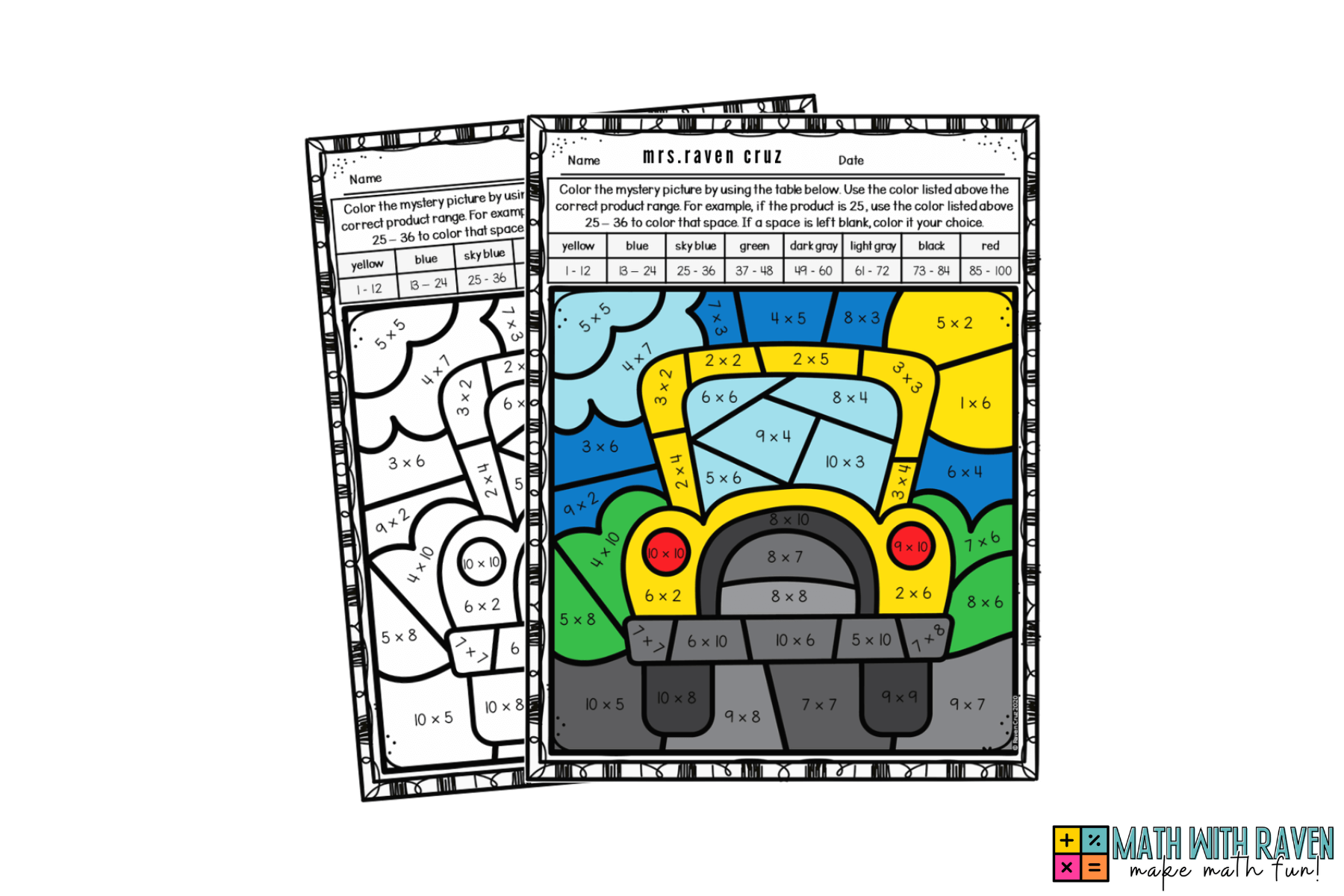 back-to-school-multiplication-color-by-number-worksheets-7 back to school bus multiplication color by number
