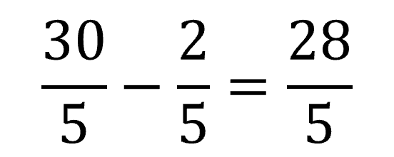 30/5 minus 2/5 equals 28/5 an improper fraction