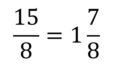 Step-by-step visual of dividing fractions, showing conversion of mixed numbers to improper fractions, multiplication by reciprocal, and simplification. 15/8 equals 1 and 7/8.