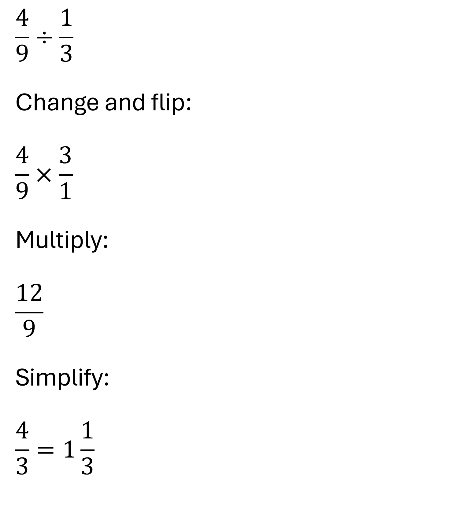Step-by-step visual of dividing fractions, showing conversion of mixed numbers to improper fractions, multiplication by reciprocal, and simplification.
