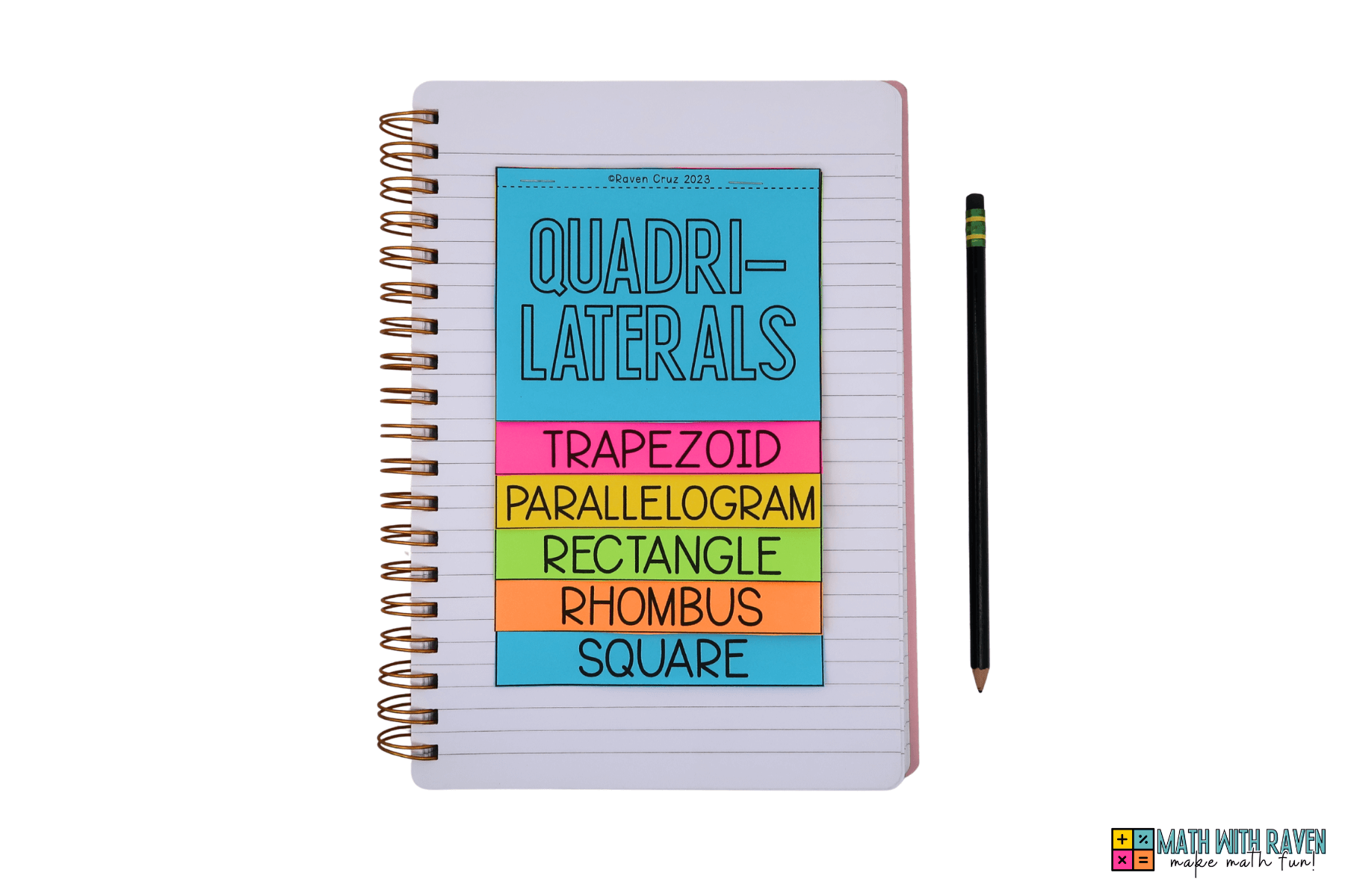 what-is-a-quadrilateral-3 quadrilateral flip book featuring the different types of quadrilaterals and their attributes placed in a notebook