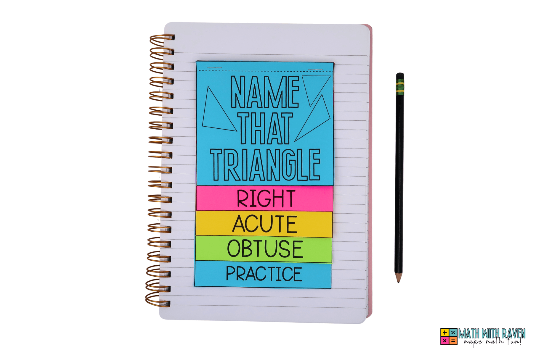 Name that triangle, right, acute, obtuse triangles flip book displayed in a notebook