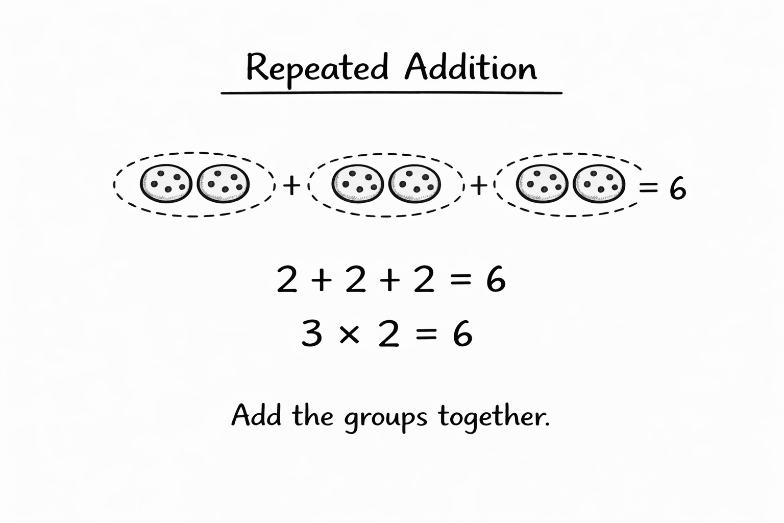 graphic using cookies to show grouping using repeated addition of the fact 3 times two equals six