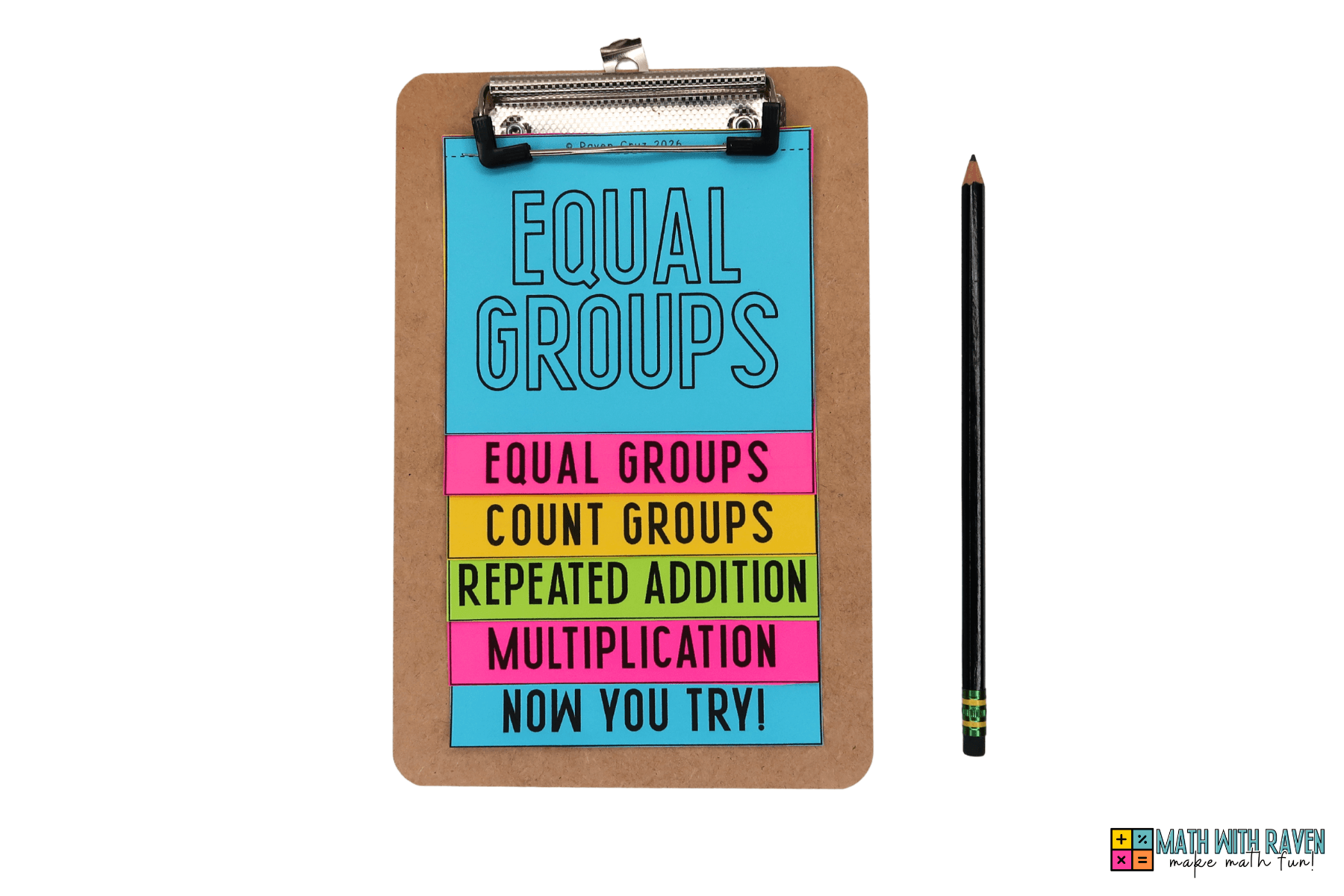 equal groups multiplication flip book on a mini clipboard