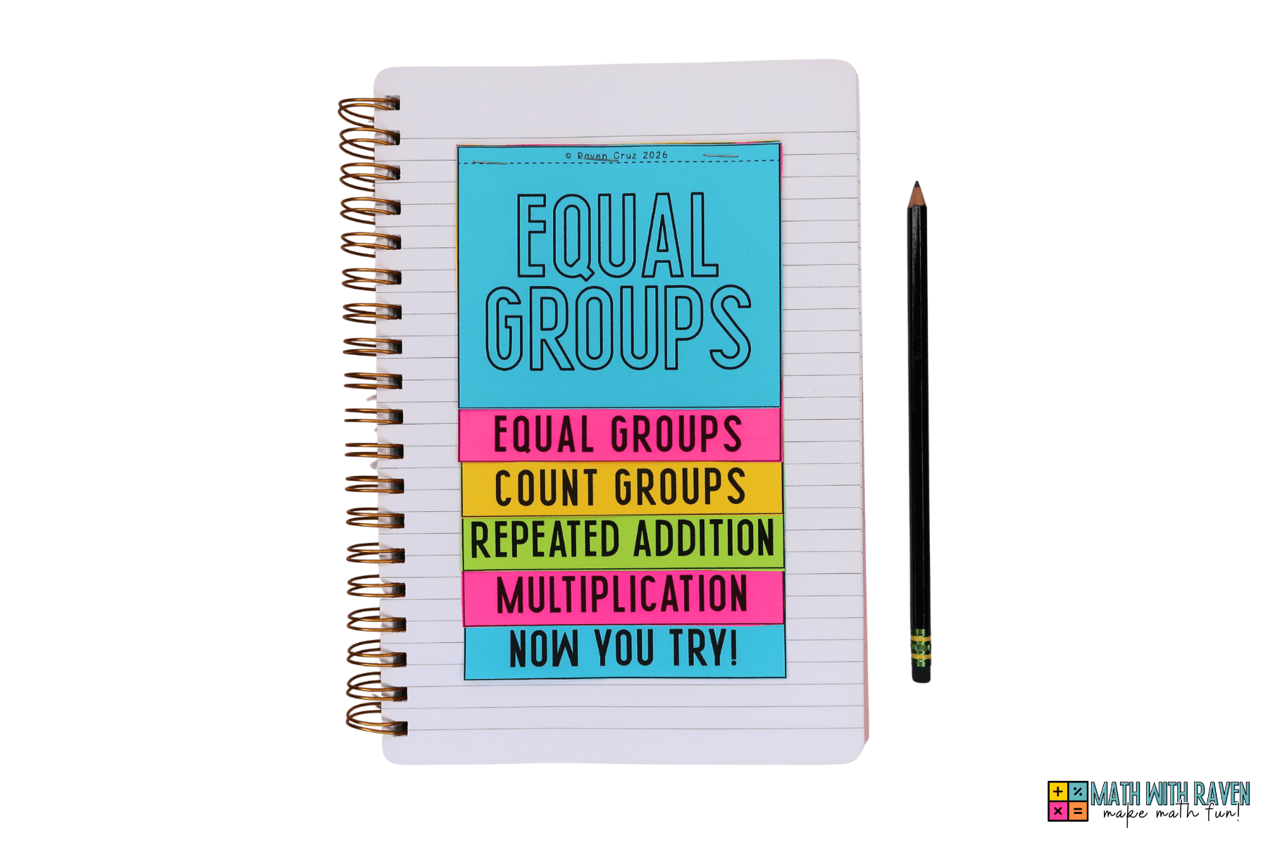 equal groups for multiplication flip book placed in a notebook