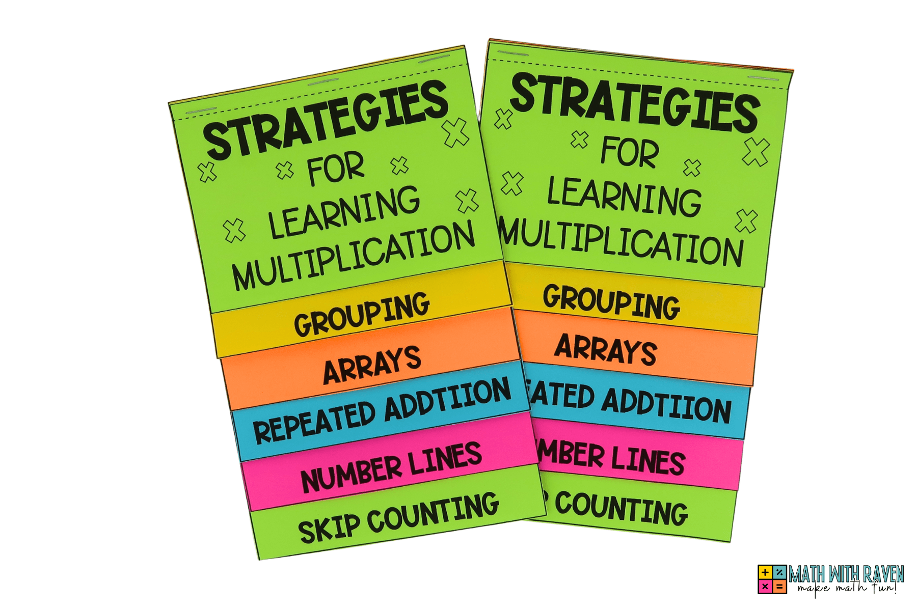 multiplication strategies flip book featuring grouping, arrays, repeated addition, number lines, and skip counting