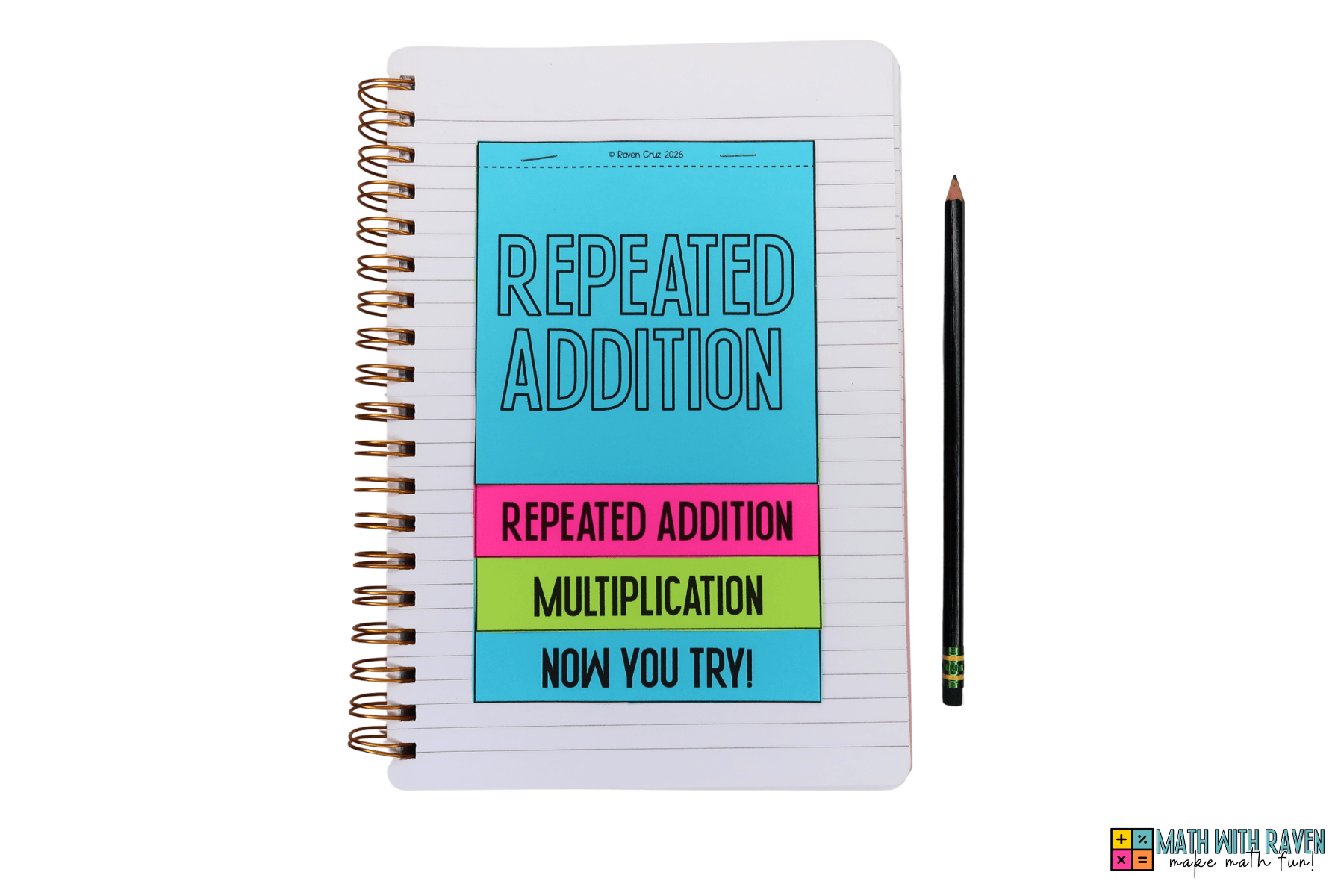 repeated addition in multiplication flip book on a notebook